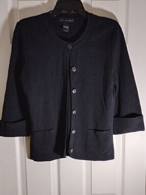 Cotton Cardigan Black Button-Up 3/4 Sleeve Elena Solano